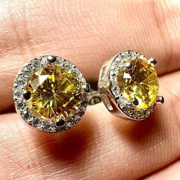 Citrine Earrings Sterling Silver 925 White Topaz Created Stud Earrings For Women - Picture 1 of 9
